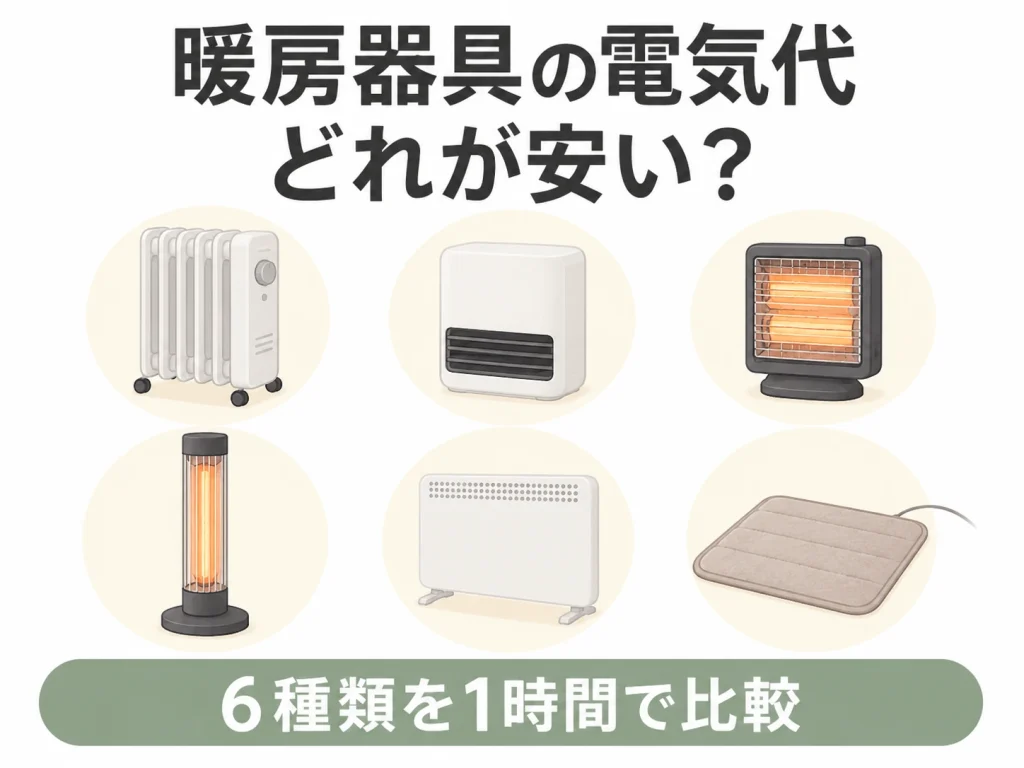 暖房器具6種類の電気代比較を一般的な暖房器具イメージイラストで示した記事のアイキャッチ