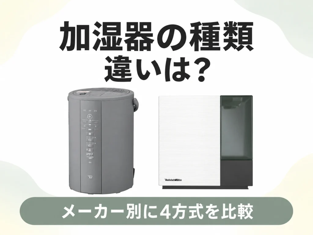 加湿器の種類（スチーム式・気化式・ハイブリッド式・超音波式）の違いをメーカー別に比較した記事のアイキャッチ