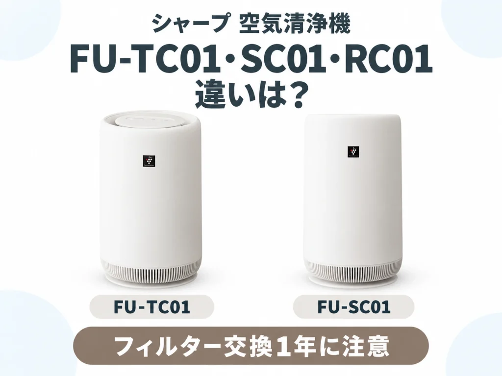 シャープのコンパクト空気清浄機FU-TC01・FU-SC01・FU-RC01の違いとフィルター交換の注意点を解説する記事のアイキャッチ